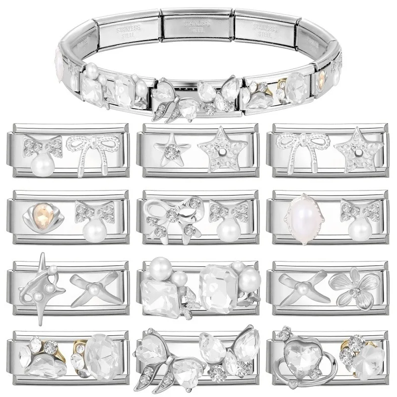 New 2026 Wholesale Bright Zircon Bowknot Stars Long Series Italian Charm Links Fit 9mm Stainless Steel Bracelet DIY Making Gifts