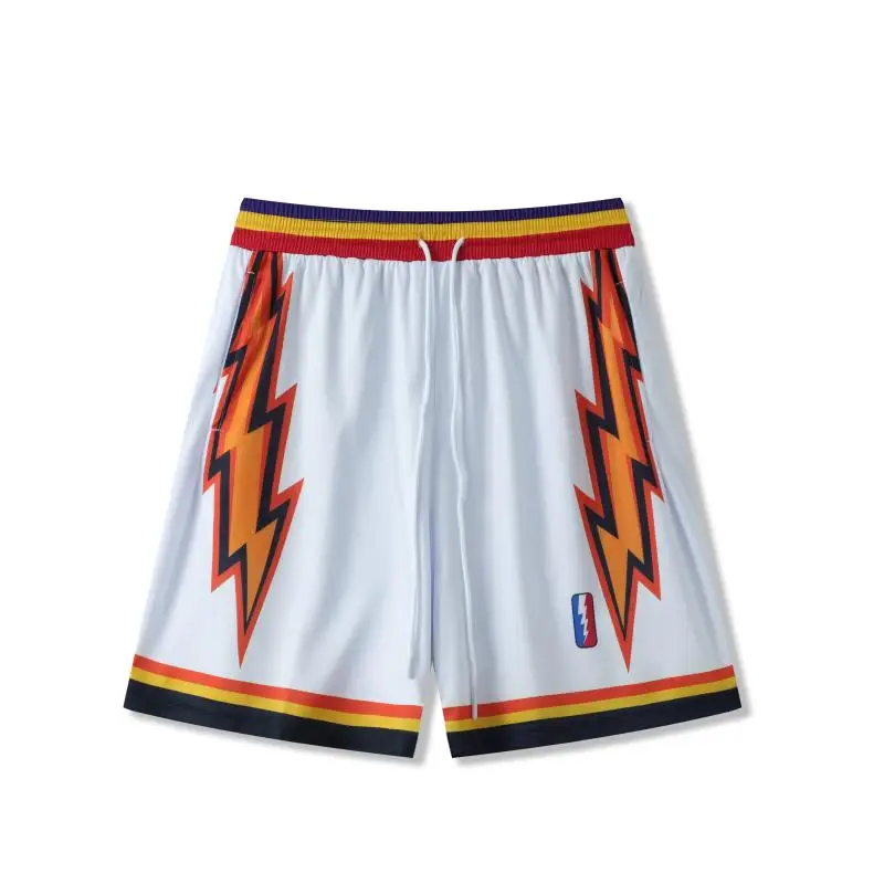 Men's Sports Knitted Shorts with Drawstring American Basketball Club Stretch Shorts 100% Polyester White and Black Short Pants