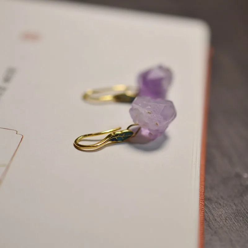 Unique Genuine Handcrafted S925 Silver Classical Blue Enamel Leaf Shape Amethyst Raw Stone Irregular Dangle Earrings for Women