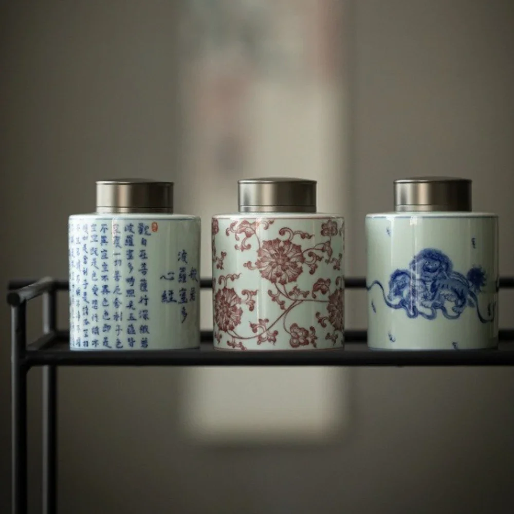 300ML Antique Blue and White Small Tea Cans Aluminum Alloy Cover Storage Cans Moisture-proof Double-layer Tin Cover Sealed Cans
