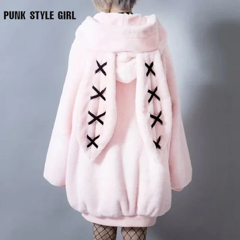 2024 Lolita Cute Hooded Plush Coat Autumn Winter Hot Girl Sweet Cool Jacket Women\'s Rabbit Ears Thick Plush Cotton-Padded Coat