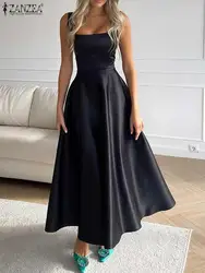 ZANZEA Sexy Square Neck Maxi Dress Women Fashion Satin Silk waist Party Dress elegante tinta unita ombrello Vestido Summer Robe