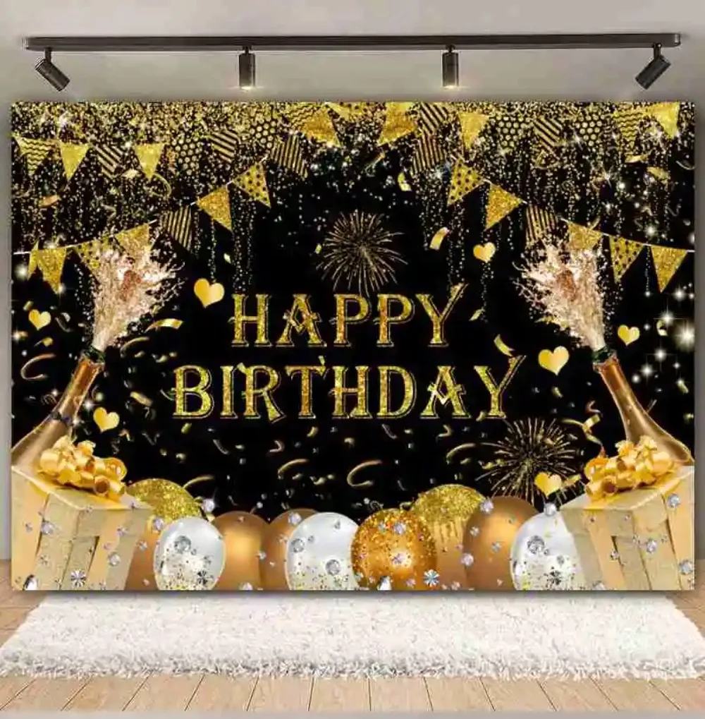 خلفية لافتة عيد ميلاد سعيد للبالغين بعمر 18 عامًا باللون الأسود والذهبي، خلفية للتصوير الفوتوغرافي على شكل نجمة متألقة بالون الشمبانيا هدية