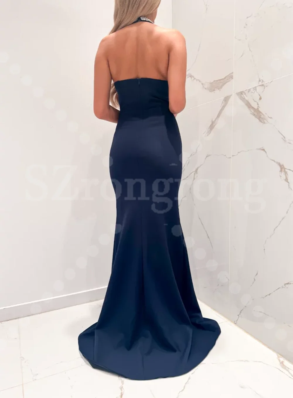 Custom Made Black Sleeveless Satin Luxury Beading Crystal Evening Dress Sheath Backless Floor Length Prom Party Dress with Train