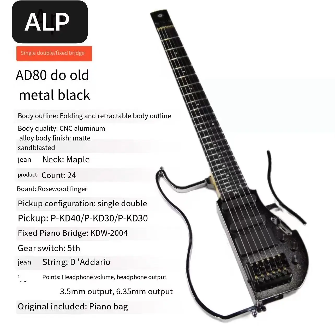 Alp Headless Electric Guitar Foldable Body Structure ,High Quality Travel Guitar AD-80