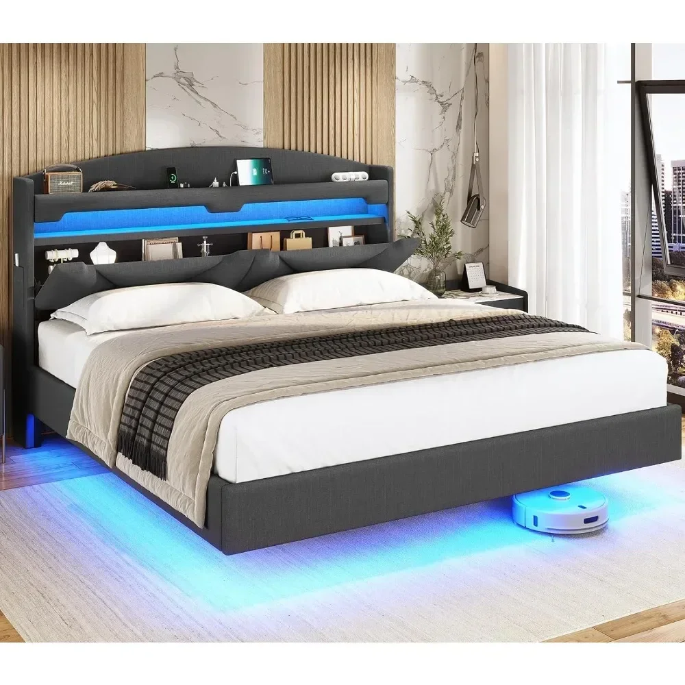 Floating Bed Frame with RGB LED Lights and Charging Station, Upholstered Platform Bed Frame with Storage Shelf Headboard