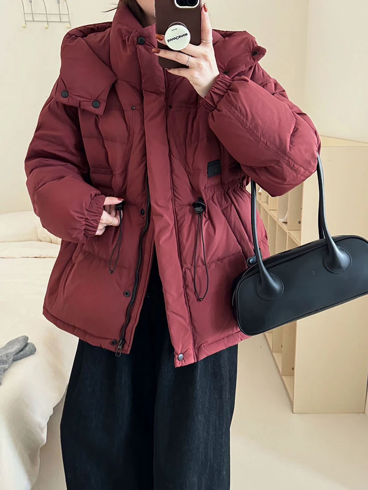 Piumino invernale di media lunghezza con cappuccio a sbuffo Piumino da donna con coulisse in vita Piumini d'anatra bianchi Capispalla Parker con cerniera calda femminile