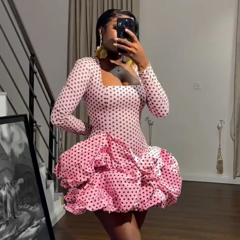 Women's clothing 2025 spring temperament elegant polka dot print square high waisted long sleeved floral bud dress short skirt