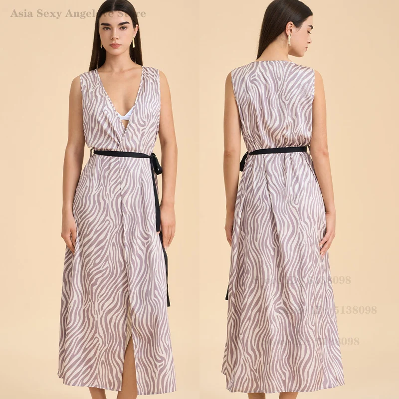 

Silky Satin Long Nightgown Stripe Zebra Print V-Neck Home Dressing Gown Summer New Sleeveless Bath Robe Lingerie Sleepwear