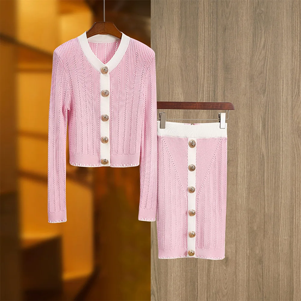 

Pink and white color contrast long sleeve riveted buckle top waist + bag hip skirt temperament two piece set