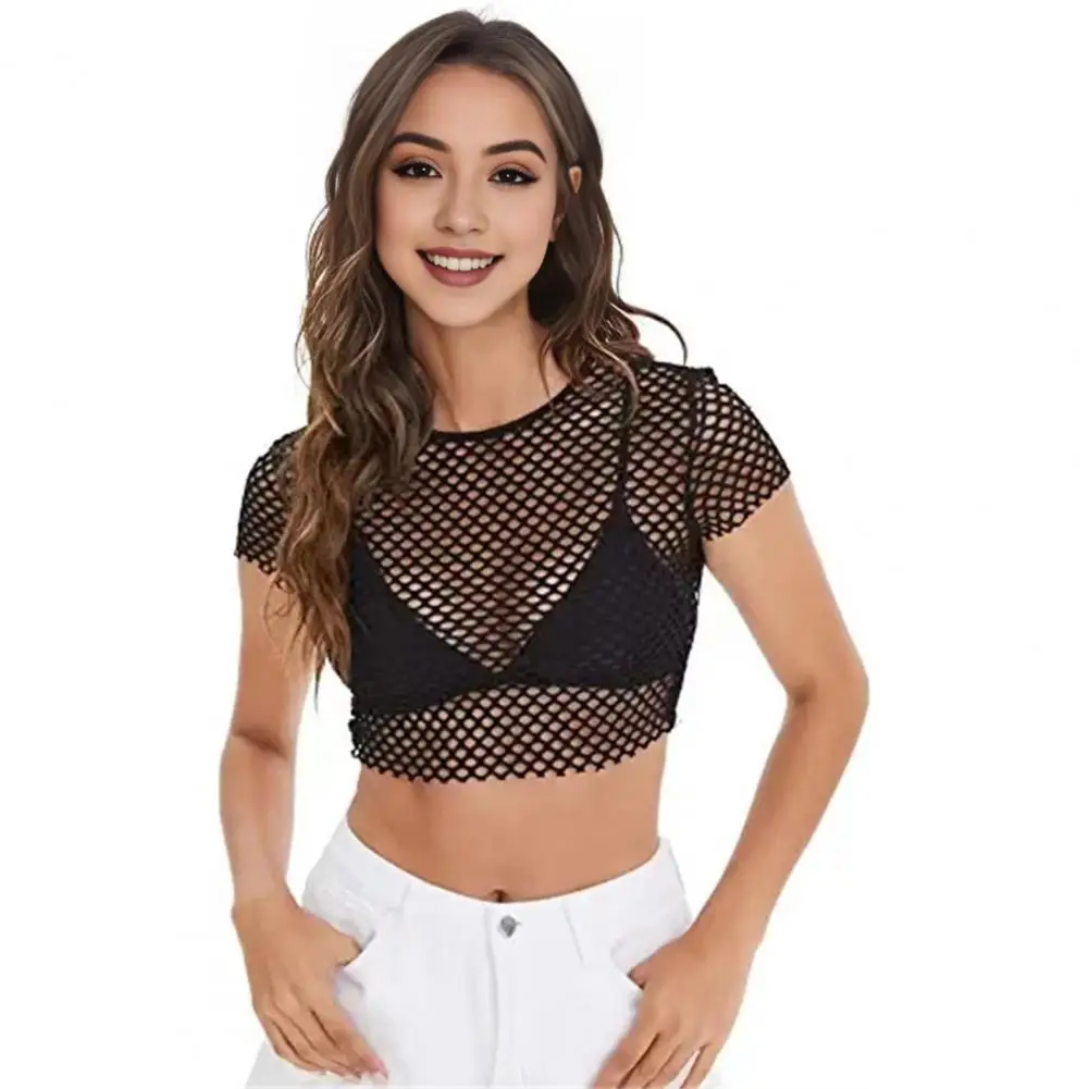 Sexy Women Blouse Sheer Mesh Crop Tops O-neck Short Sleeve Slim Solid Color Perspective Short Top Navel Exposed Tee Shirt