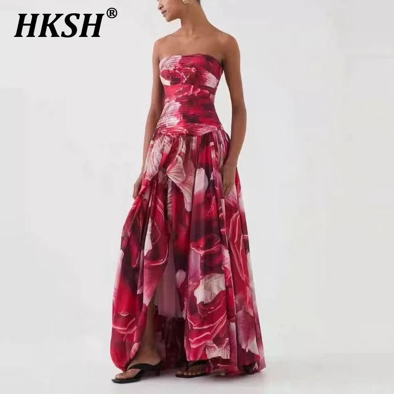

HKSH Summer New Women Ins Chic Elegant Pleated Printed Irregular High Slit Waisted Y2K Slim Strapless Long Formal Dress HK5386
