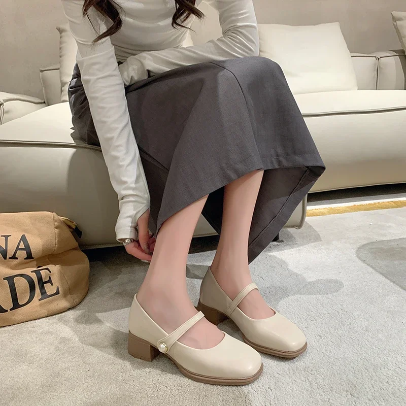 Soft Leather Pumps Shoes Women's Mary Jane All match Heels Comfortable Low Heels Soles Soft Mom Shoes Casual Spring Autumn 2024