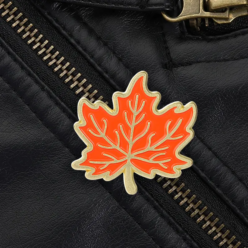 Autumn Red Maple Leaf Enamel Pin Gold Trim Botanical Style Brooch for Jackets Backpacks Fall Season Gift Daily Wear