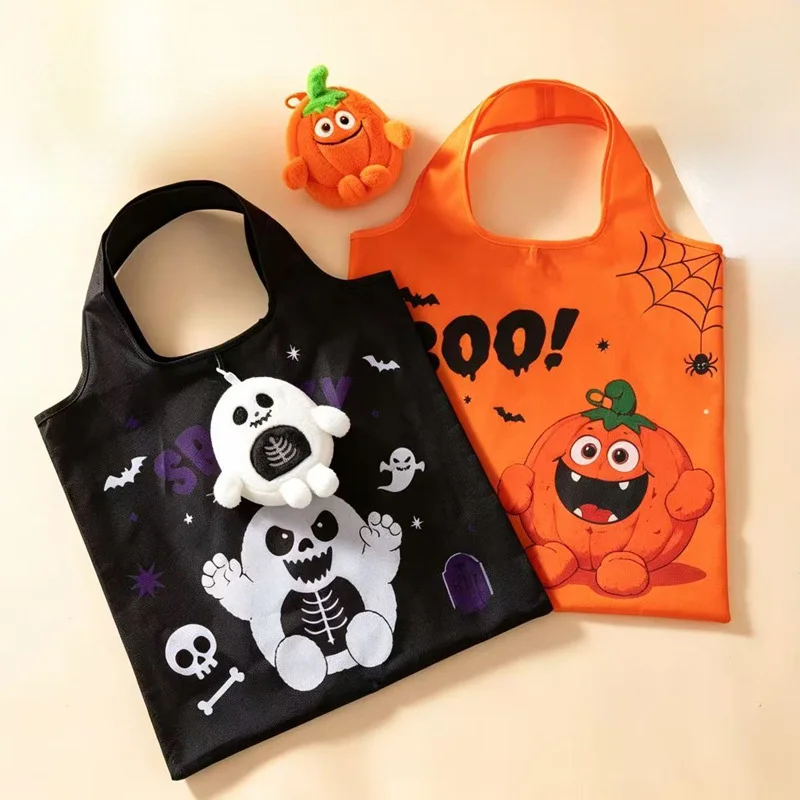 Halloween Foldable Shopping Bag Plush Toy Charm Reusable Eco Friendly Tote Bag Portable Storage Pouch Cute Cartoon Novelty Daily