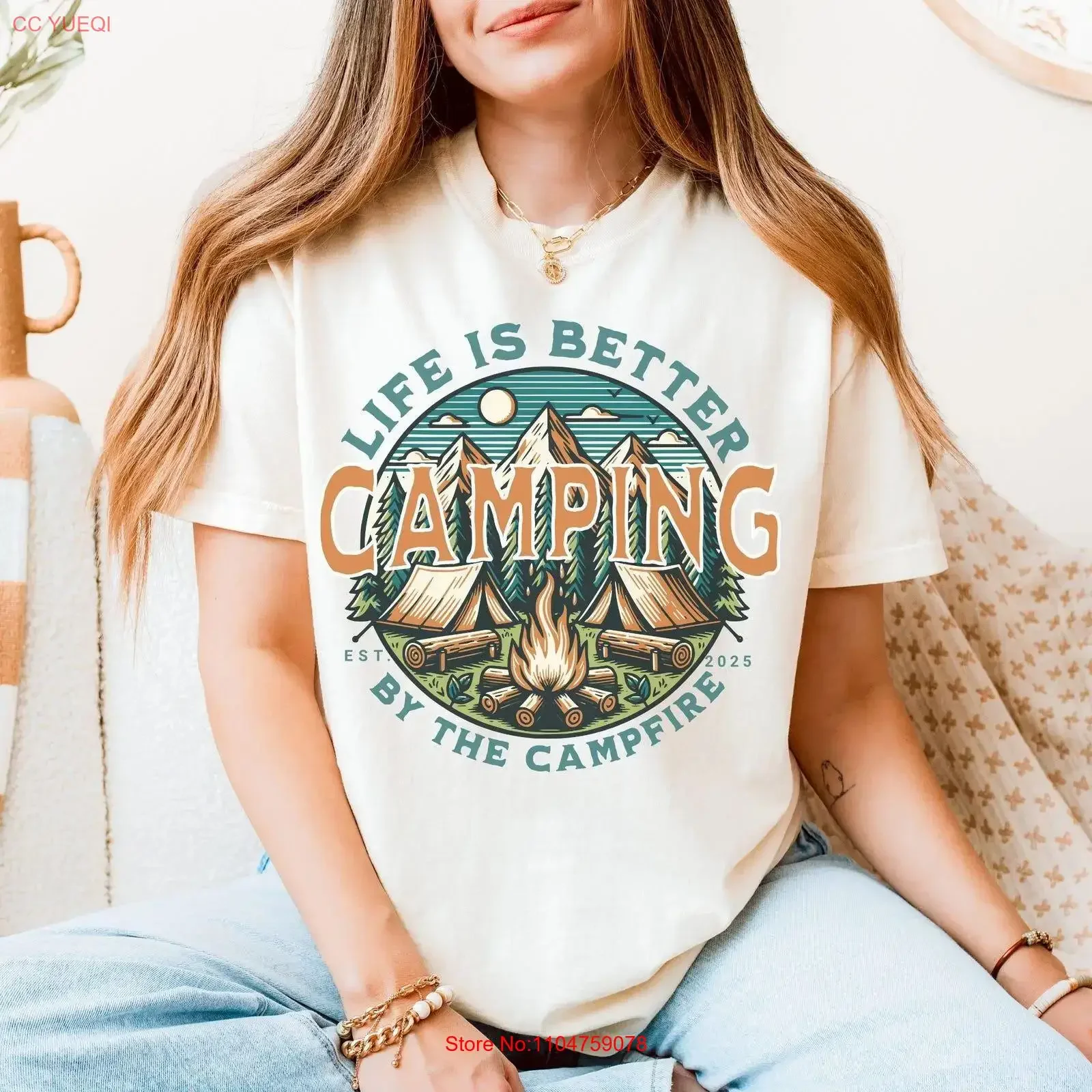Campfire T Shirt Women Outdoor Top Black Hiking Camp Lover Present Sleeve Rustic Style Wear Camping vintage Washed