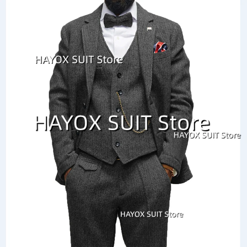 Men's Suits 3 Piece Single Breasted Herringbone Multi Pocket Waistcoat Jacket Wool Vintage Blazer Set Prom Groomsmen Tuxedo