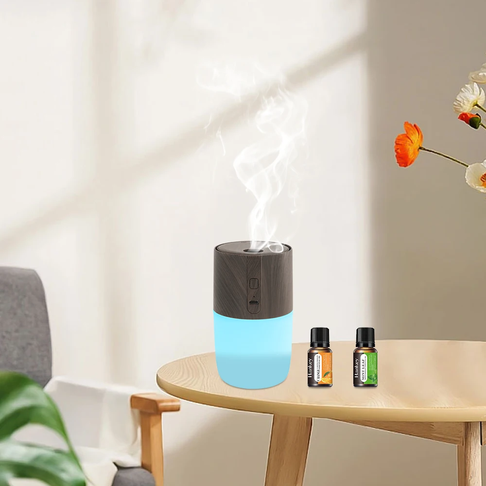 Máquina ultrassônica de aromaterapia para carro 300ml, umidificador de grãos de madeira e purificador de ar com luz LED de 7 cores, 2 óleos essenciais para Ho