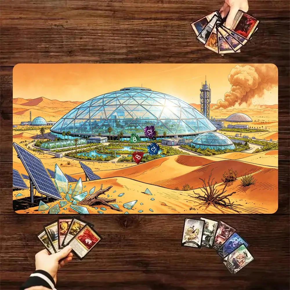 60X35cm Sci‑Fi Desert Dome City Oasis TCG Playmat Trading Card Game Mat Non‑Slip Rubber Table Pad For Card Game Players