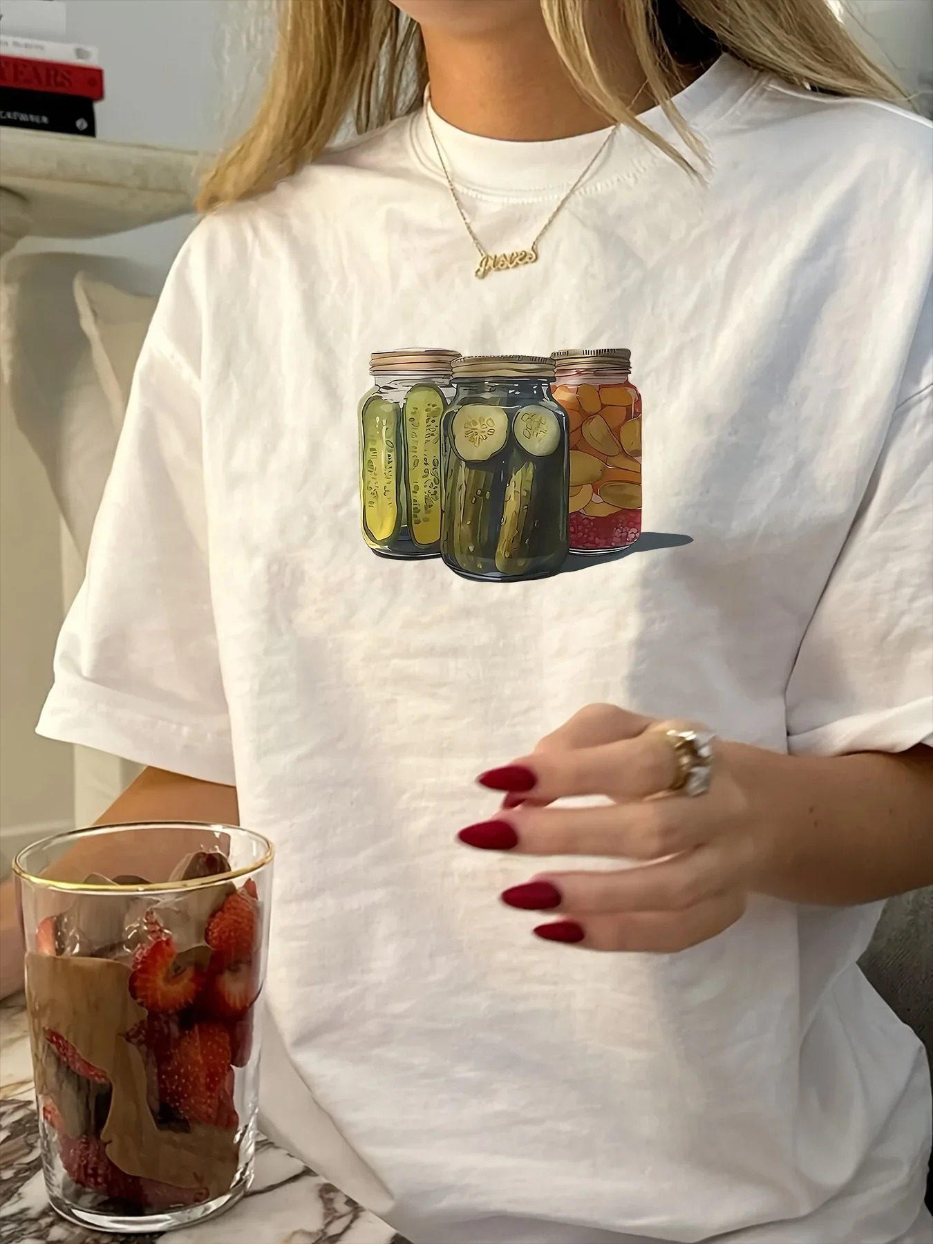 

Summer American Ins Cartoon Kimchi Print Pattern Short Sleeve T-shirt Women's Casual Y2k Street Clothing Half Sleeve Top