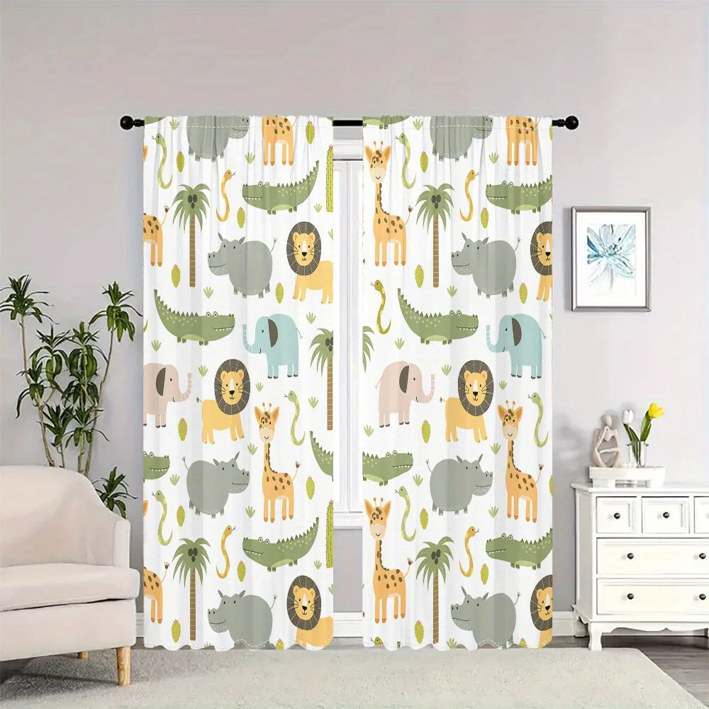 

2pcs Cartoon Animal Print Blackout Curtains - Rod Pocket Design, Soft Peach Light Beige Fabric, Vibrant Giraffe & Elephant Patte