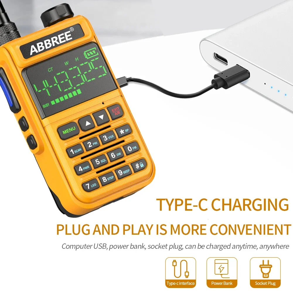 ABBREE 518 워키토키 Type-C 충전기 에어밴드 휴대용 라디오 성인용 V/UHF 양방향 라디오 아마추어 야외 낚시 호텔용