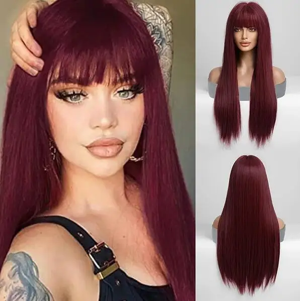 

Burgundy Red Wig Long Straight Strap