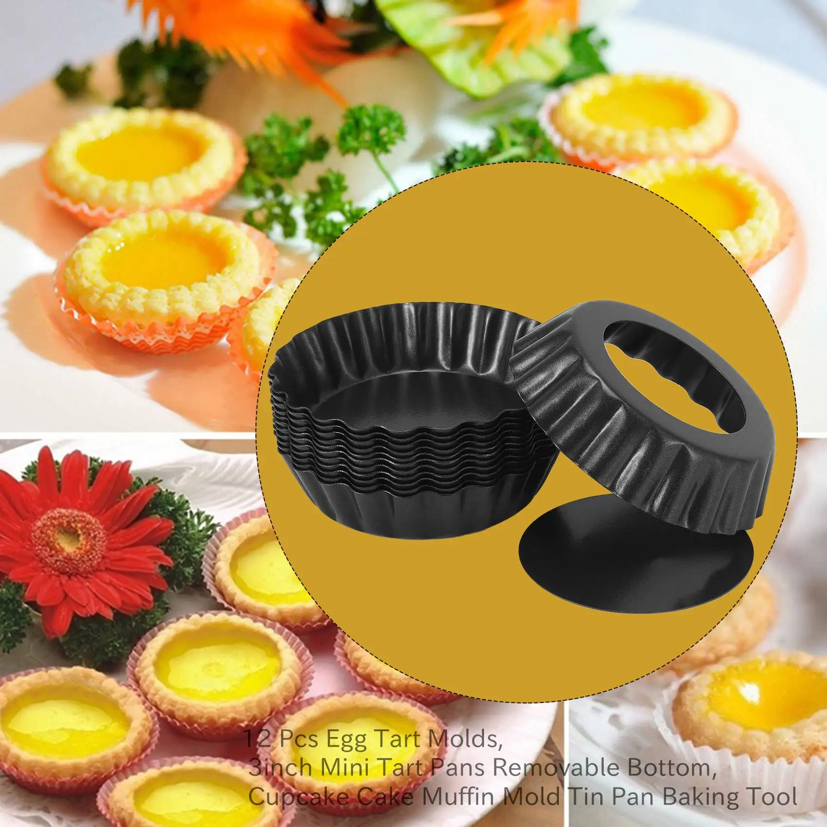 

A19I-12 Pcs Egg Tart Molds, 3Inch Mini Tart Pans Removable Bottom, Cupcake Cake Muffin Mold Tin Pan Baking Tool