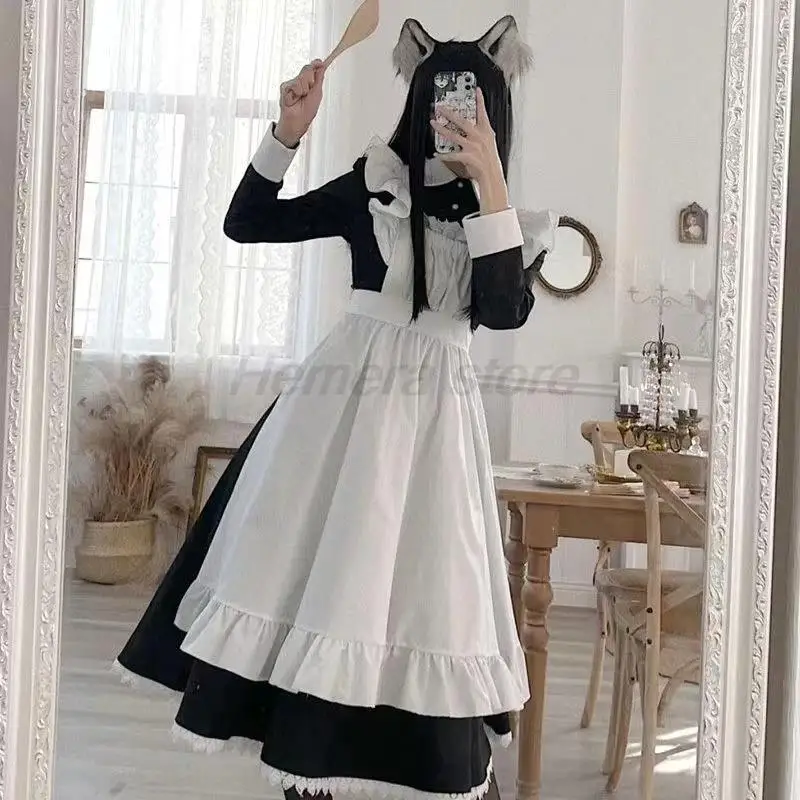 Damska klasyczna sukienka Lolita pokojówka inspirowane stylem vintage stroje damskie Cosplay dziewczyna Anime czarna sukienka z długim rękawem S-3XL