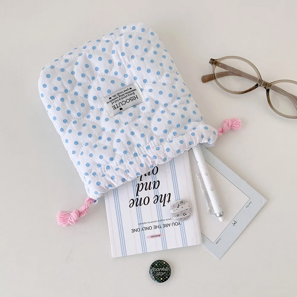 New Polka Dot Pattern Cosmetic Bag Quilted Multipurpose Toiletry Storage Bag Soft Cotton Makeup Pouch Women