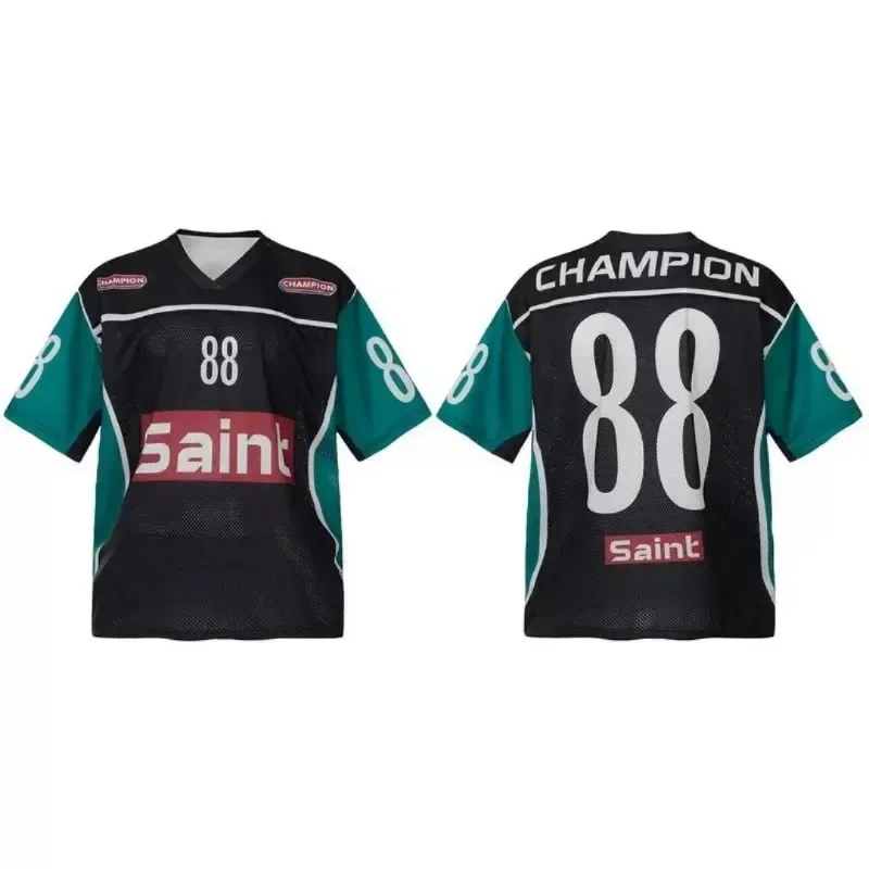 

Винтажные американские модные быстросохнущие трикотажные изделия Saint Michael, летние сетчатые спортивные футболки с короткими рукавами для мужчин и женщин, футболка 4