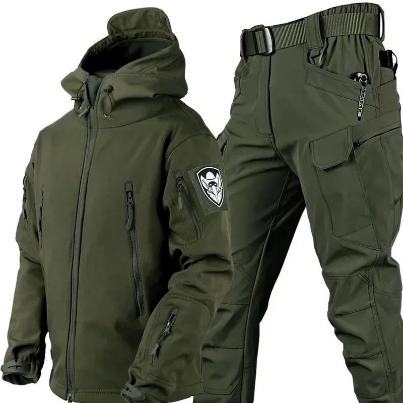 

Outdoor Tactical Sets Men Winter Shark Skin Soft Shell Hooded Jacket+Multi-pocket Cargo Pant 2 Pcs Suits Military Waterproof Set