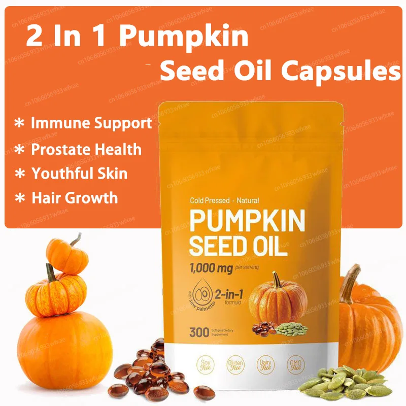 

Pumpkin Seed Oil Capsules 2 in 1 with Saw Palmetto 1000mg Pure & Natural Supplement, Hair Growth, Skin Care 300 Softgels