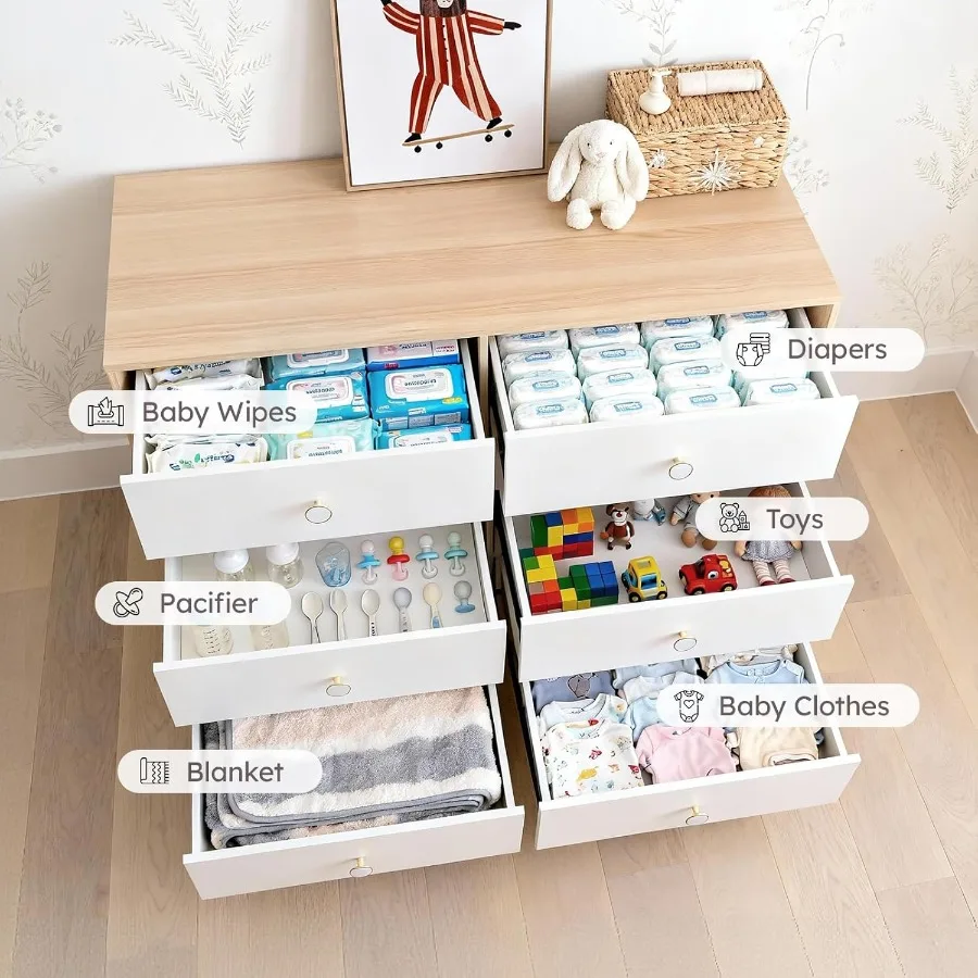 خزانة ملابس بيضاء لغرفة النوم مع 6 أدراج وأرجل من الخشب الصلب، حل تخزين مثالي للملابس وأساسيات الأطفال في الغرف #3