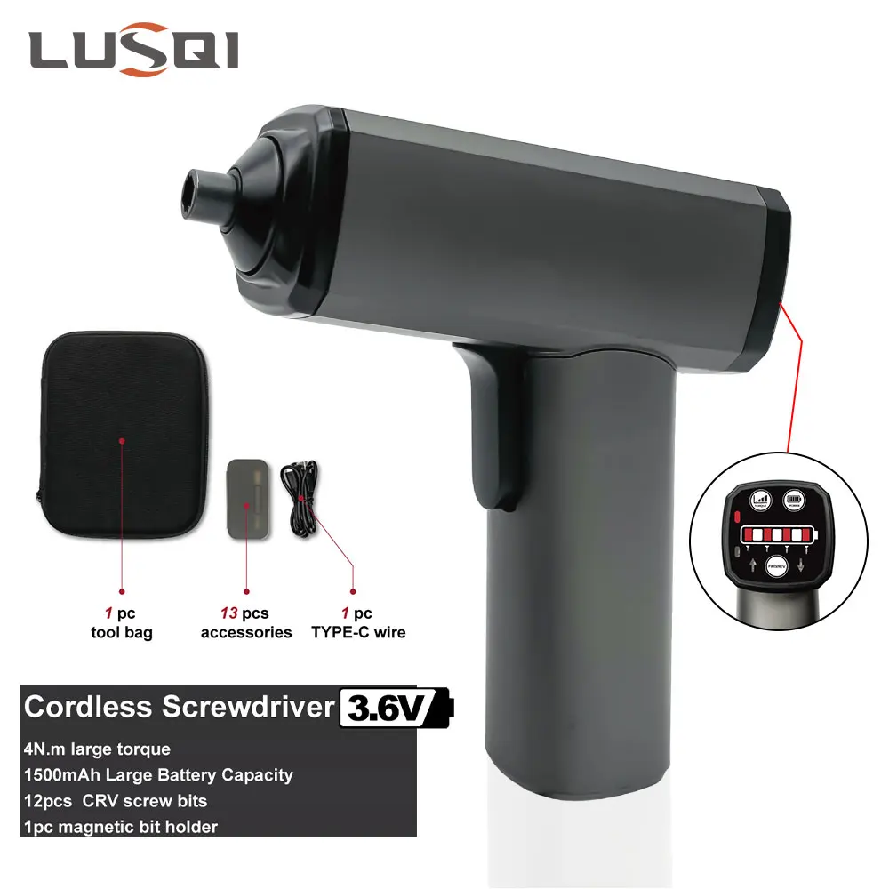 

LUSQI Cordless Electric Screwdriver Rechargeable 3.6V Multi-function Screw Driver Power Tools S2 Steel 12 Bits For Home Repair