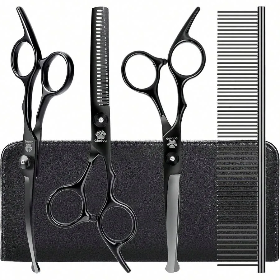 【New Arrival】Professional Dog Grooming Scissors Set, 4Pcs Pet Grooming Kit with Straight, Curved, Thinning Shears & Comb, for Dogs Cats