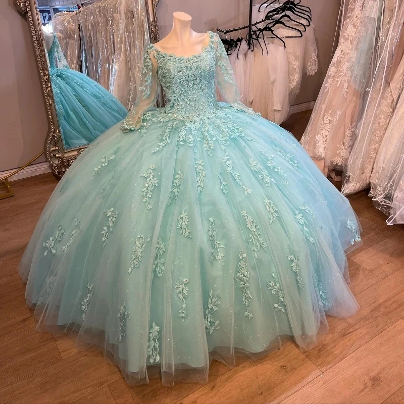 

Aqua Blue Shiny Quinceanera Dresses Sweet 16 Prom Evening Gowns Long Sleeved Applique Lace Tull Vestidos De 15 Anos Ball Gown