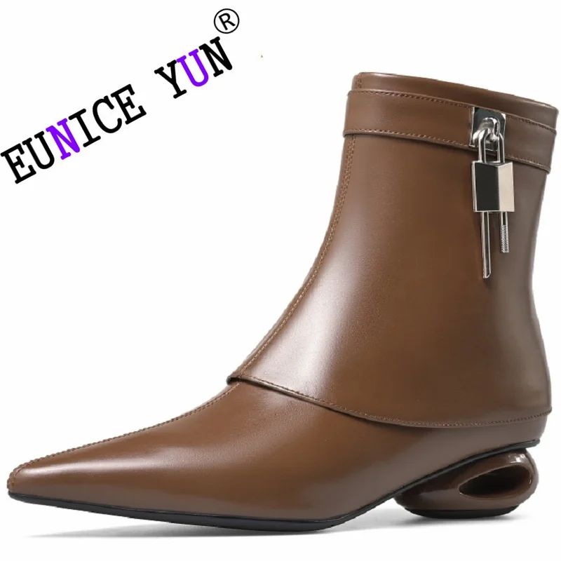 

【EUNICE YUN】Brand Genuine Leather Lock Decor Boots Wedges Heel Women Shoes Slip-On Pointed Toe Fashionable 34-40