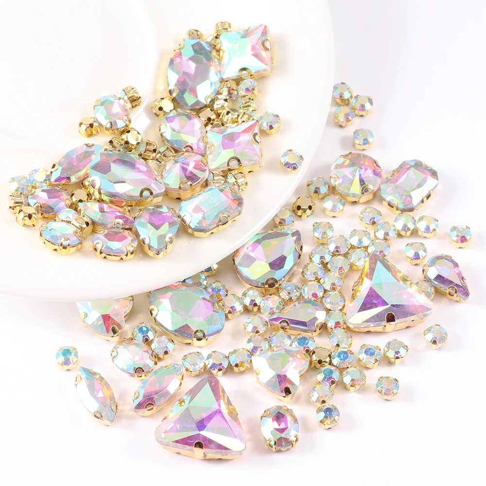 130pcs/lot Gold Claw Setting Glass Rhinestone Mixed Shape Sew On Crystal Stone Diamond for Wedding Dress Shoes Bags DIY Trim