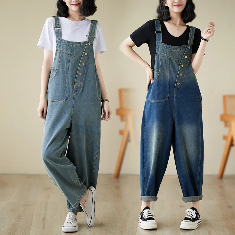 Jumpsuit Denim tidak teratur untuk wanita, jumpsuit Jeans tanpa lengan dengan kancing longgar klasik musim semi dan panas 1439