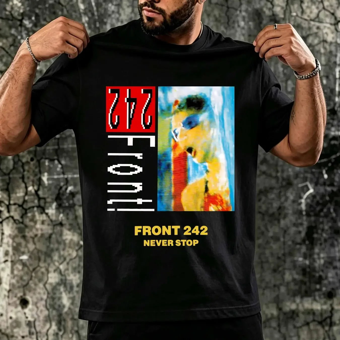washed T Shirt Front 242 Band Never Stop Heavy Cotton Black All Size A109 long sleeves vintage Washed graphic Breathable