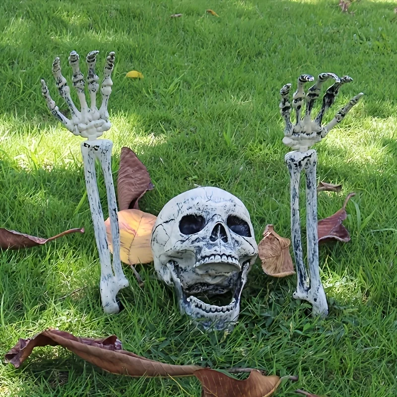 

1PC Realistic Skeleton Stakes Halloween Realistic Skull Skeleton Head Human Hand Arms For Halloween Party Home Garden Lawn Decor