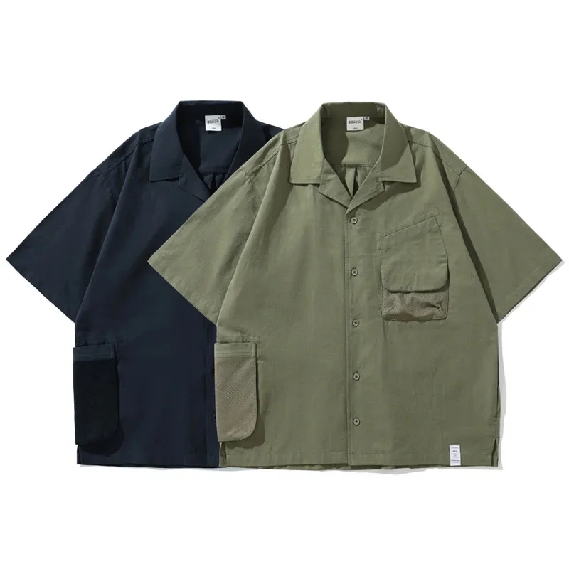 Japanese Outdoor Mountain Style Multi Pocket Work Short Sleeved Clothes Men Women Loose Cuban Collar Shirt Trekking Travel Sport