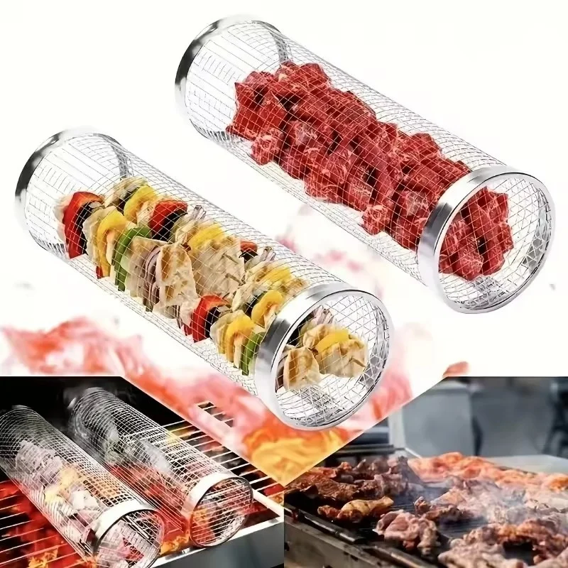 

BBQ Basket Stainless Steel Rolling Grilling Basket Wire Mesh Cylinder Grill Basket Portable Round Outdoor Camping Barbecue Rack