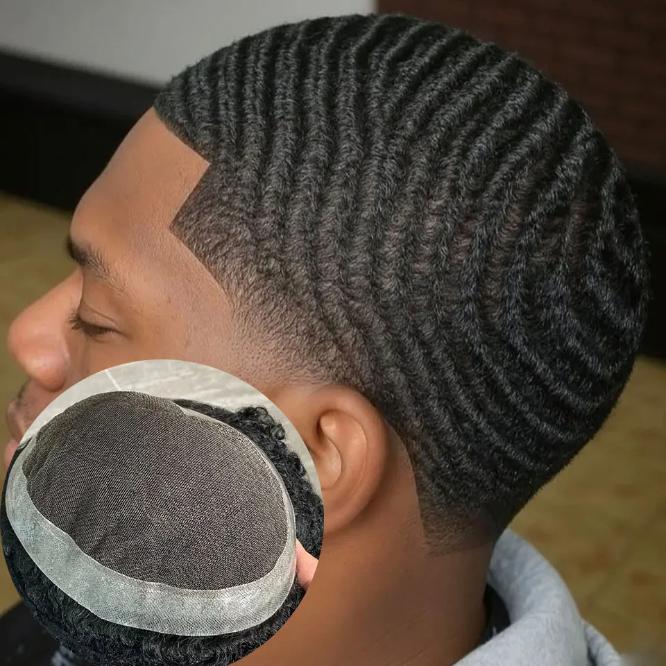 10mm 8mm Tiefe Welle Männer 100% Echthaar Lockiges Toupet Atmungsaktive Australien Spitze & Dünne Haut PU Schwarz braun Männliche Perücke Natürlichen Haaransatz