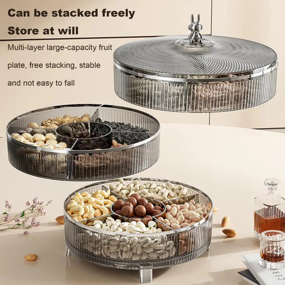 Light Luxury Style Triple Layer Divided Nut Serving Tray With Lid 360-degree Rotation Candy Snack Plate Plastic Snack Platter