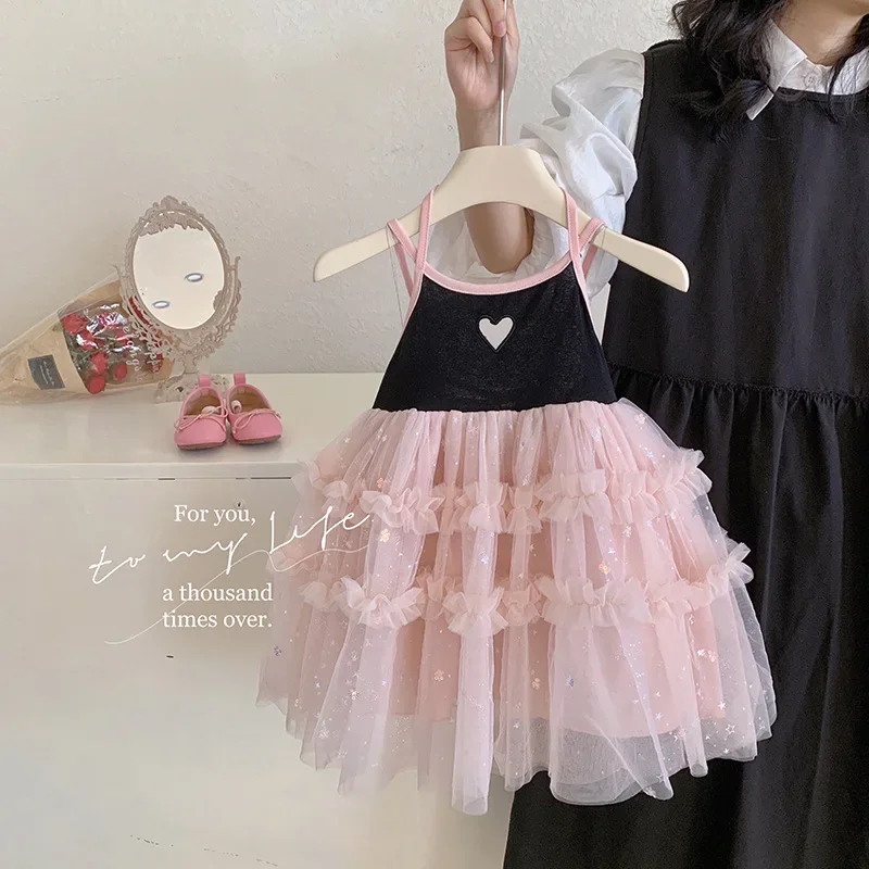 Children Heart-shaped Hollow Girl Summer Pink Trendy Black Color-blocking Tulle Dress Spaghetti Straps Cute Fashionable Stylish
