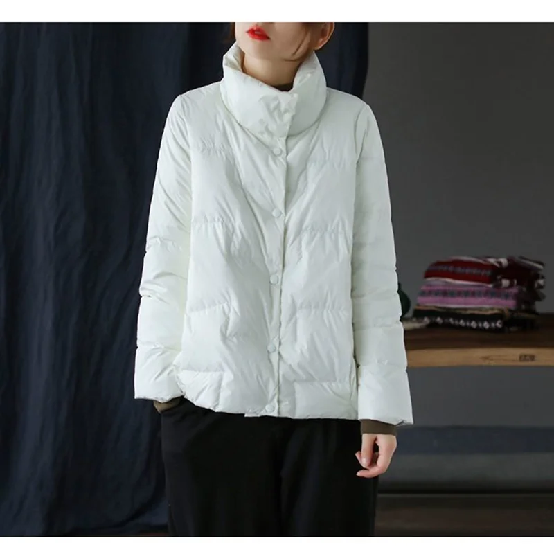 Caqui curto pato branco para baixo jaquetas mulheres coreano moda gola casaco de inverno ultraleve single-breasted reta neve parka