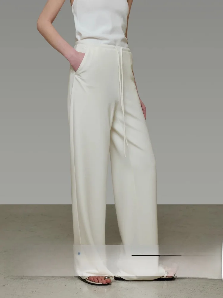 

Белые вязаные брюки с высокой талией и прямыми штанинами, женские, струящиеся, стройнящие, универсальные, с эффектом высокого качества, комфортные