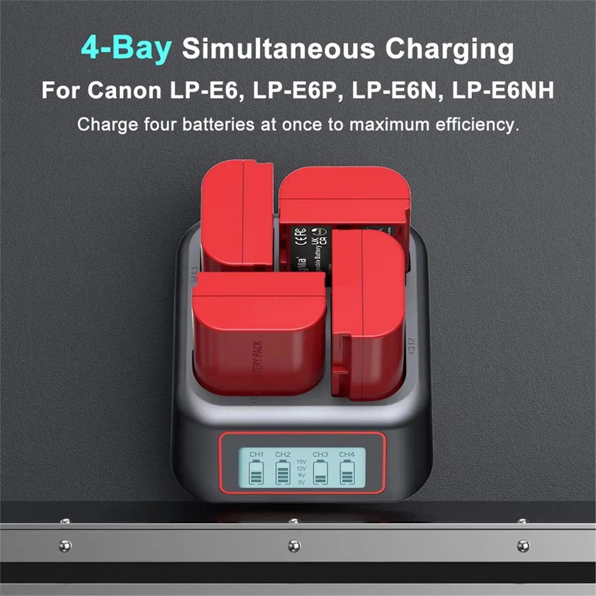 

Зарядное устройство T19C на 4 слота для аккумуляторов Canon LP-E6NH, с быстрой зарядкой PD, ЖК-индикатором, для R5, R5C, R6, R7, R5II, 5D, 6D, 7D
